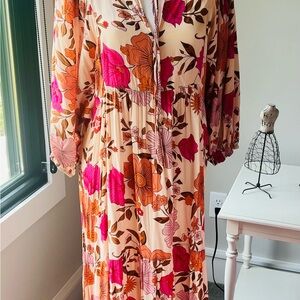 Amazon Floral Long Sleeve Maxi Dress - Pink and Orange
